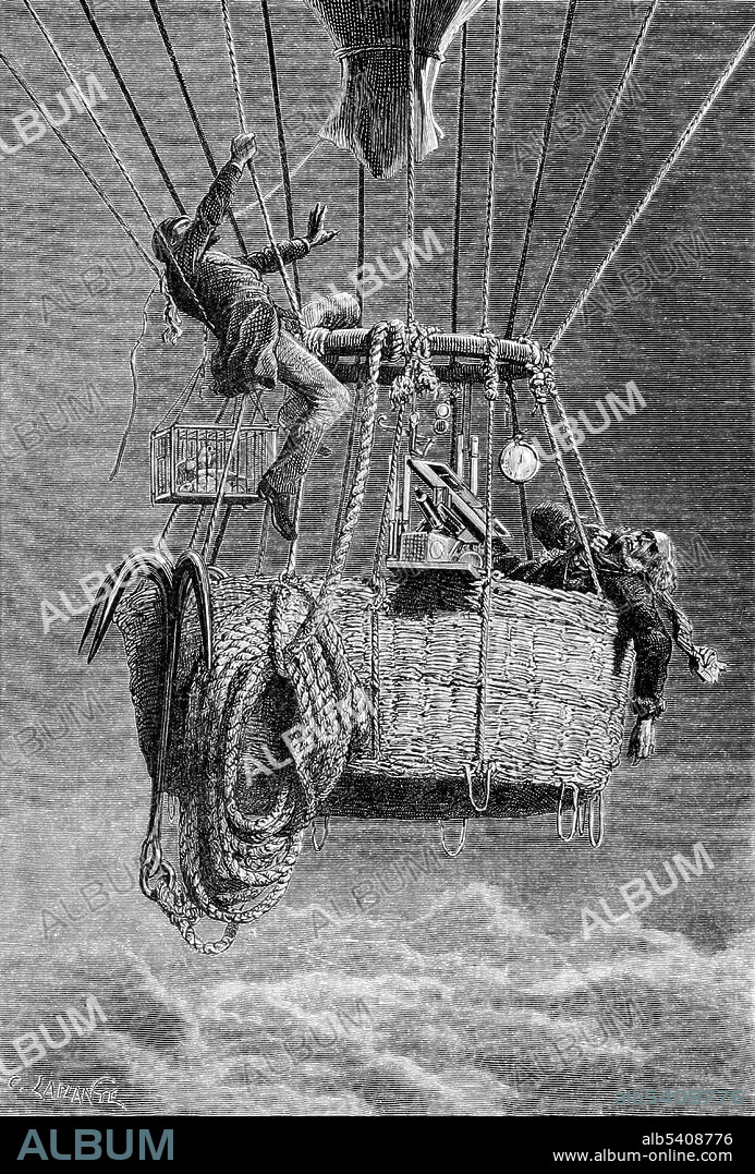 James Glaisher was chosen to carry out experiments and Henry Tracey Coxwell was employed to fly the balloons by the British Association for the Advancement of Science. On September 5, 1862, taking off from Wolverhampton, Coxwell and Glaisher reached the greatest height achieved to date. Glaisher lost consciousness during the ascent, his last barometer reading indicating an altitude of 29,000 ft and Coxwell lost all sensation in his hands, but managed to pull the valve-cord with his teeth before losing consciousness. Later calculations estimated their maximum altitude at 35,000 to 37,000 ft. Travels In the Air, 1871 (cropped and cleaned).