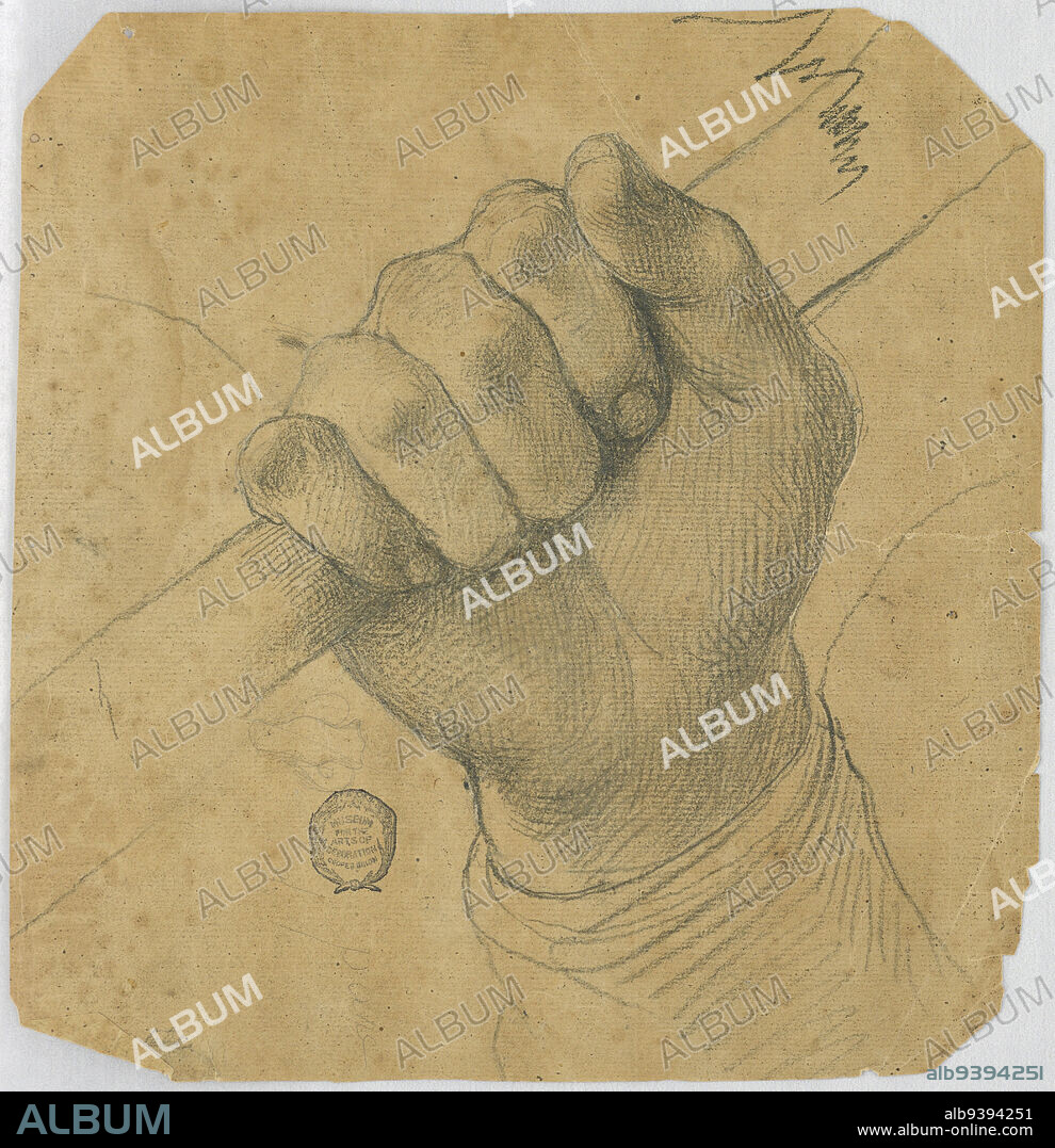 Study: A man's hand holding a stick, Chalk on brown paper, Vertical composition of a man's hand holding a stick. The hand is upright with fingers folded and is seen from the inside., Italy, 17001750, Drawing, Drawing.