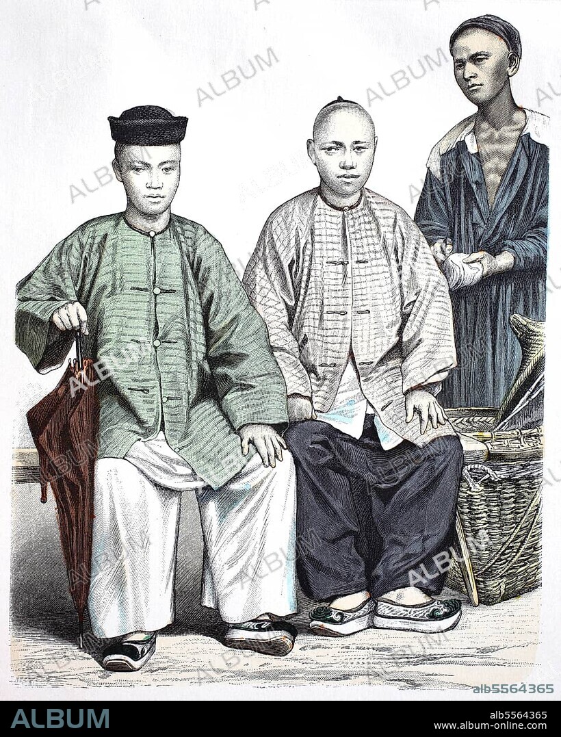 Folk traditional costume, clothing, history of costumes, Chinese babas from the Strait Settlements and Chinese cobbler from Singapore, China, 1880, digitally restored reproduction of a 19th century original, exact date unknown, Asia.