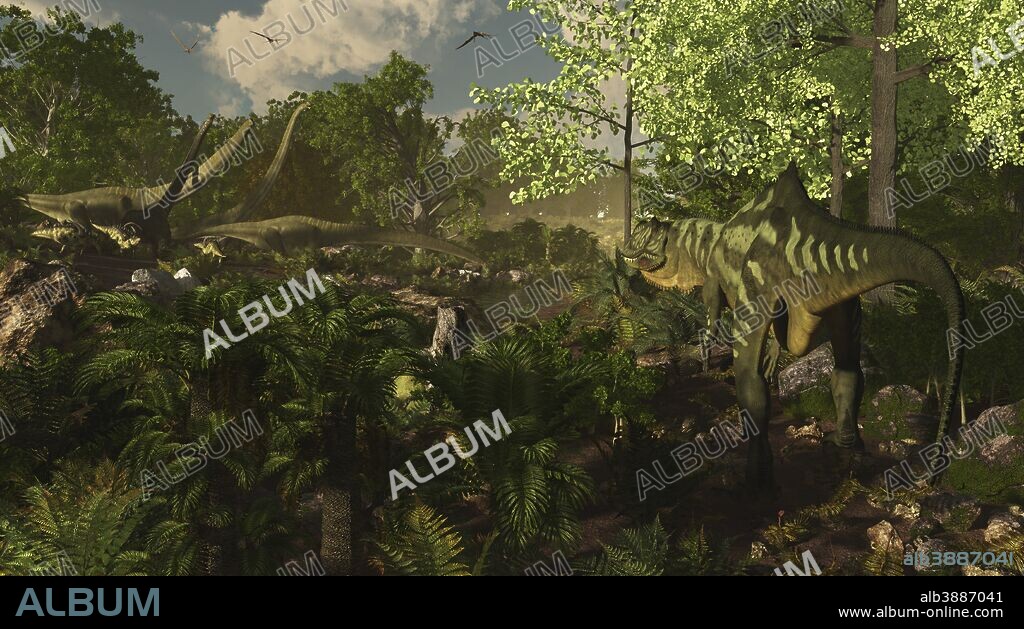 Some dinosaurs of the Dashanpu Formation of China near the Sichuan city of Zigong. The large 26 foot predator Yangchuanosaurus moves downstream and spies some large long necked sauropods called Mamenchisaurus. Moving among the feet of the large sauropods are stegosaurs called Gigantspinosaurus. Not unlike modern animals, the smaller plated herbivores eat low shrubs and plants and use the larger animals as lookouts and secondary protectors in a sort of symbiotic relationship. Though it is not known if dinosaurs really exhibit this behavior we can speculate.