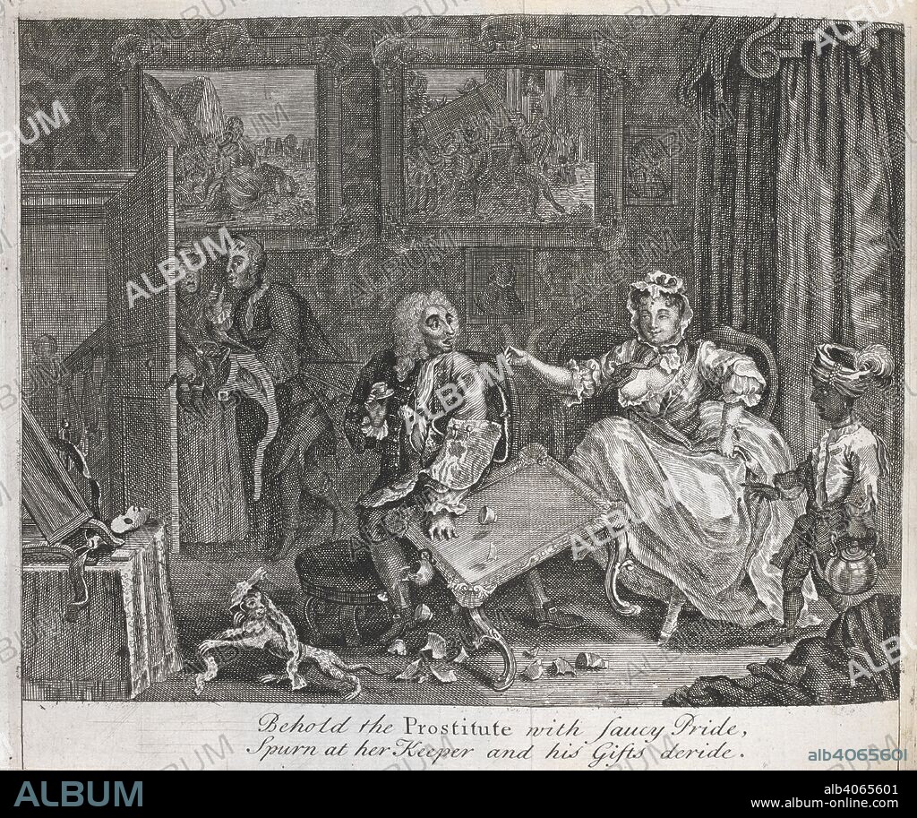 WILLIAM HOGARTH. Scene 2: Her innocence lost, she becomes the kept mistress of a rich Jew, and cheats on him. The Lure of Venus: or, a Harlot's progress. An heroi-comical poem. In six cantos ... Founded upon Mr. Hogarth's six paintings; and illustrated with prints of them. London, 1733. 'Behold the Prostitute with saucy pride, spurn at her keeper and his gifts deride.'. Source: 11661.b.27. Plate II.