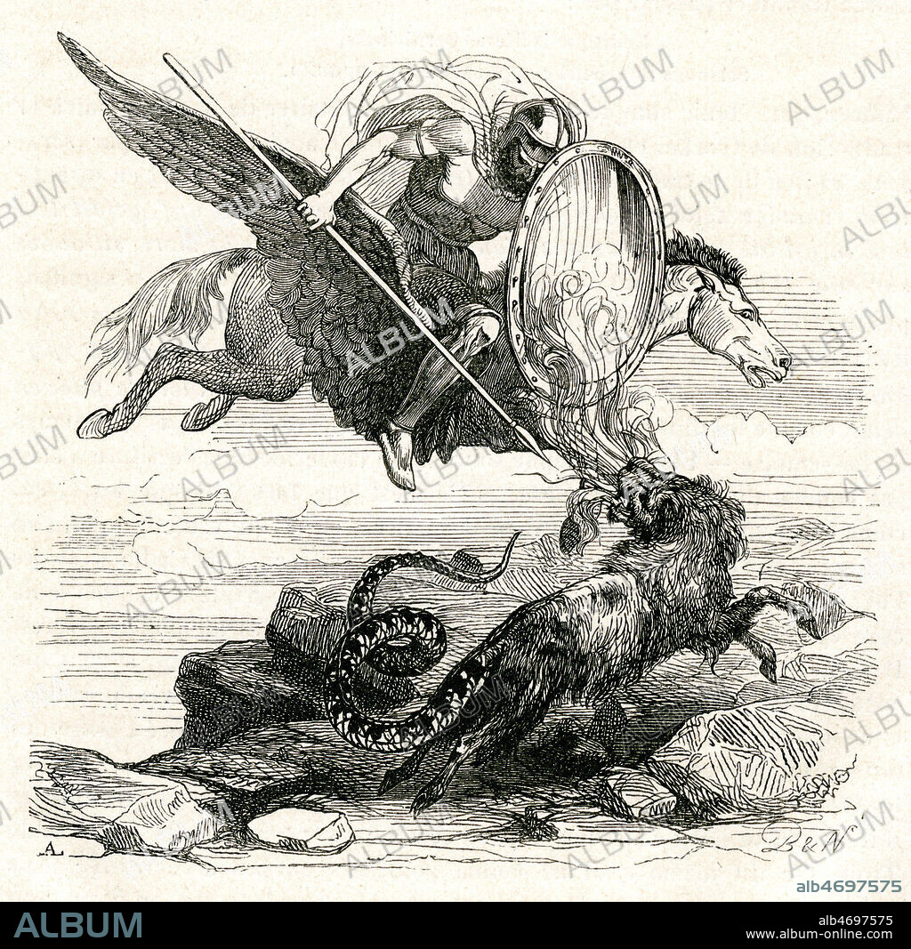 BELLEROPHON tuant la CHIMERE (Livre VI). Illustration de 1843 par Aime de LEMUD (1816-1887) pour l'Iliade de HOMERE traduit par Eugene BARESTE (1814-1861). Credit : Collection Jonas/Kharbine-Tapabor.