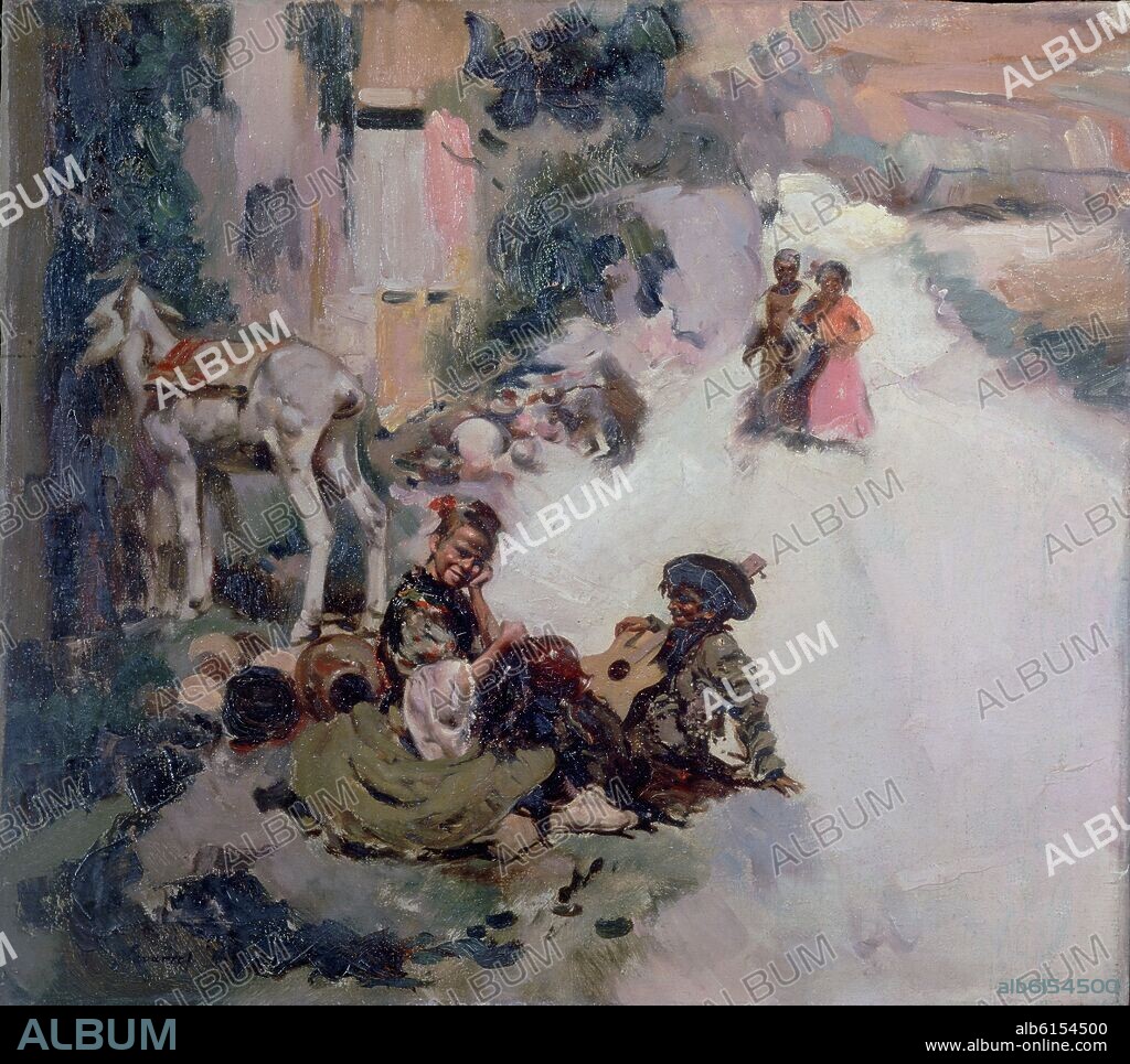 JOSE NAVARRO LLORENS (1867-1923). GITANOS DESCANSANDO (C. 1907) - OLEO/LIENZO - 44X49 CM.