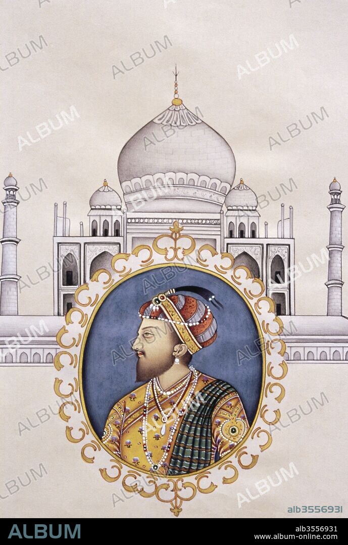 Miniature Painting of Mughal Emperor Shah jahan and Taj Mahal in background.
