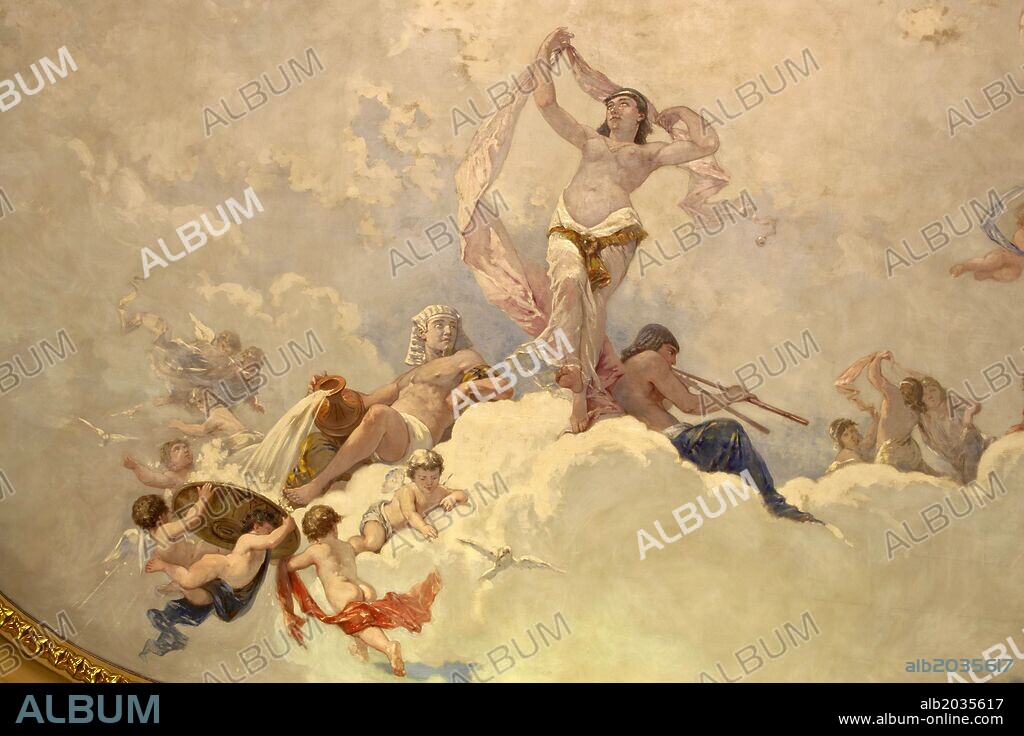 Pinturas de tema alegorico y mitologico en el techo.Salón de las Cariátides.Parlament de les Illes Balears, antiguo Círculo Mallorquín, 1852-1918. Palma. Mallorca. Balearic Islans. Spain.