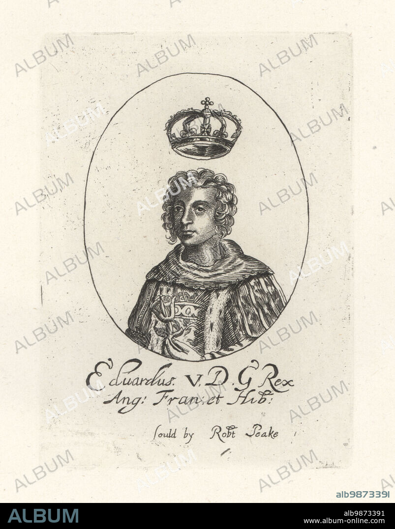 Oval portrait of Edward V of England, 1470-1483. One of the Princes in The Tower allegedly murdered by Richard III. In armorial robe holding a rose, a crown floating above his head. Edwardus V DG Rex Ang Fran et Hib. From William Faithorne's set of Kings, sold by Robert Peake. Copperplate engraving from Samuel Woodburns Gallery of Rare Portraits Consisting of Original Plates, George Jones, 102 St Martins Lane, London, 1816.
