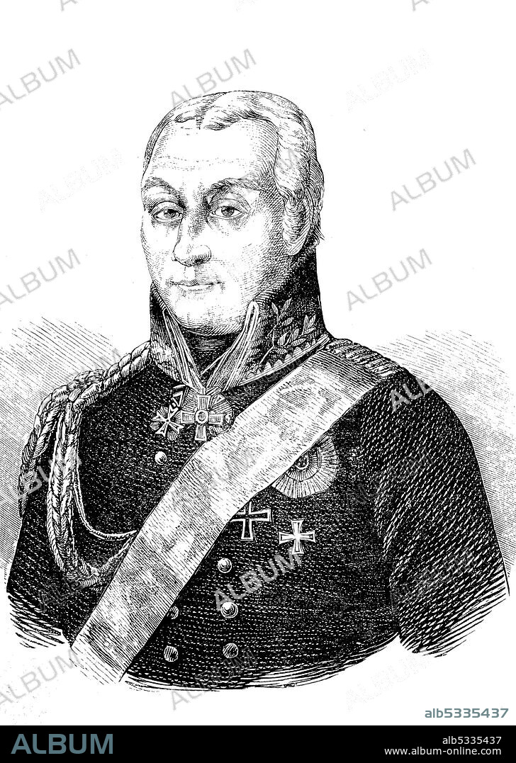 Friedrich Emil Ferdinand Heinrich von Kleist, from 1814 Count Kleist von Nollendorf, April 9, 1762 - February 17, 1823, Prussian field marshal general, as colonel an adjutant general of King Frederick William III  /  Friedrich Emil Ferdinand Heinrich von Kleist, ab 1814 Graf Kleist von Nollendorf, 9. April 1762 - 17. Februar 1823, preußischer Generalfeldmarschall, als Oberst ein Generaladjutant des Königs Friedrich Wilhelm III, Historisch, historical, digital improved reproduction of an original from the 19th century / digitale Reproduktion einer Originalvorlage aus dem 19. Jahrhundert,.