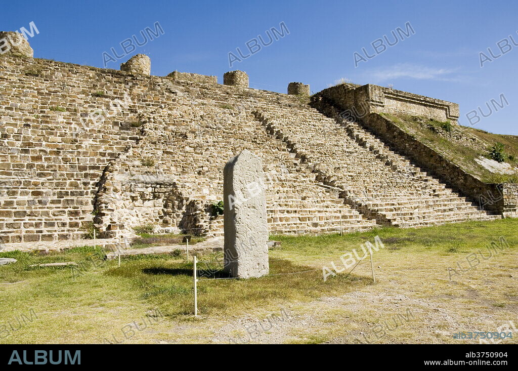 A stela at the ancient Zapotec city of Monte Alban, UNESCO World Heritage Site, near Oaxaca City, Oaxaca, Mexico, North America.