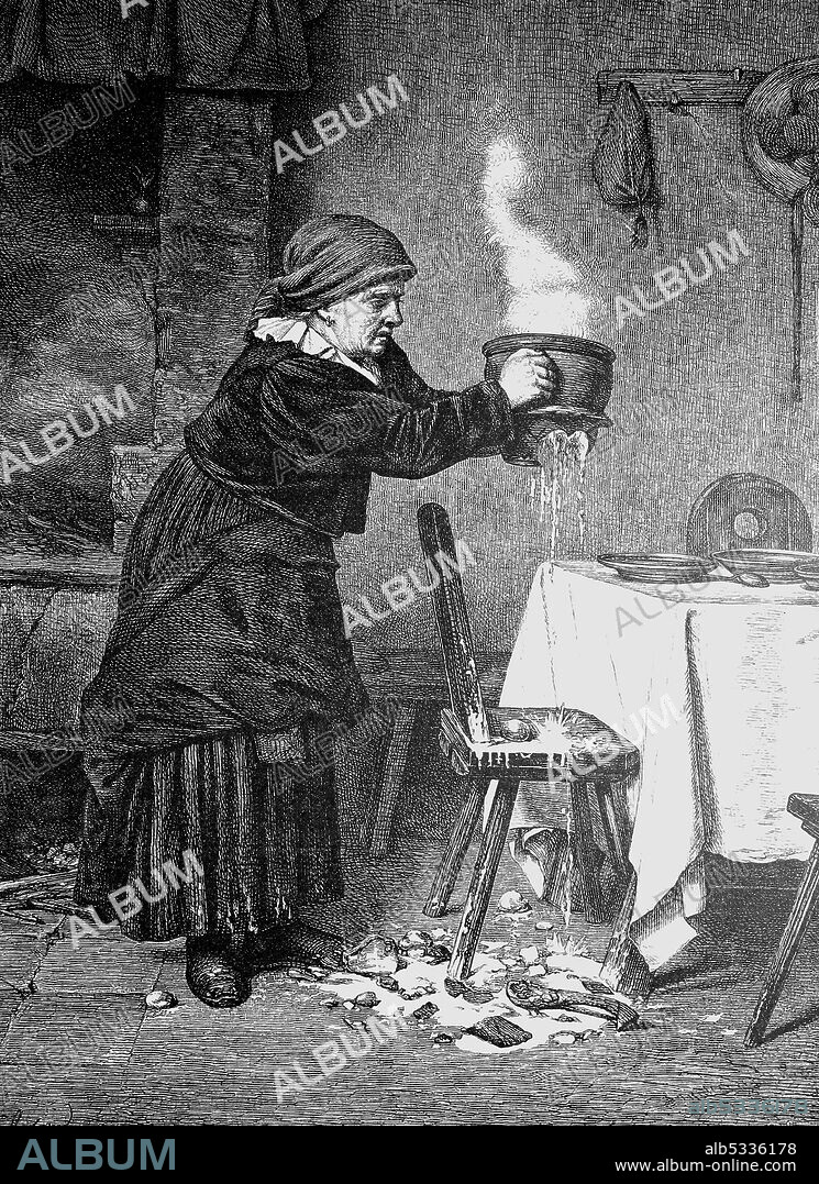 Bottomless misfortune, housewife holding a pot with boiling soup on which the bottom is broken out, Germany, 1876  /  Bodenloses Unglück, die Hausfrau hält einen Topf mit kochender Suppe an dem der Boden herausgebrochen ist, Deutschland, 1876, Historisch, historical, digital improved reproduction of an original from the 19th century / digitale Reproduktion einer Originalvorlage aus dem 19. Jahrhundert,.