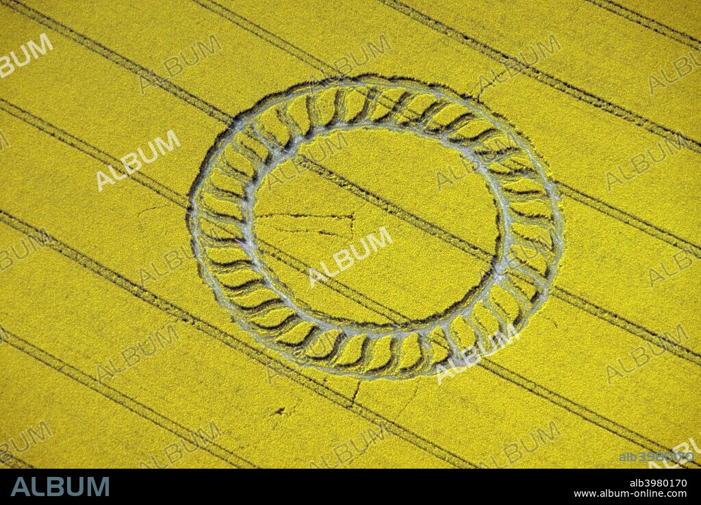 Crop circle near West Kennet, Wiltshire, 1998. Some people regard crop circles as evidence of UFO contact or spiritual activity. Others believe they are hoaxes.