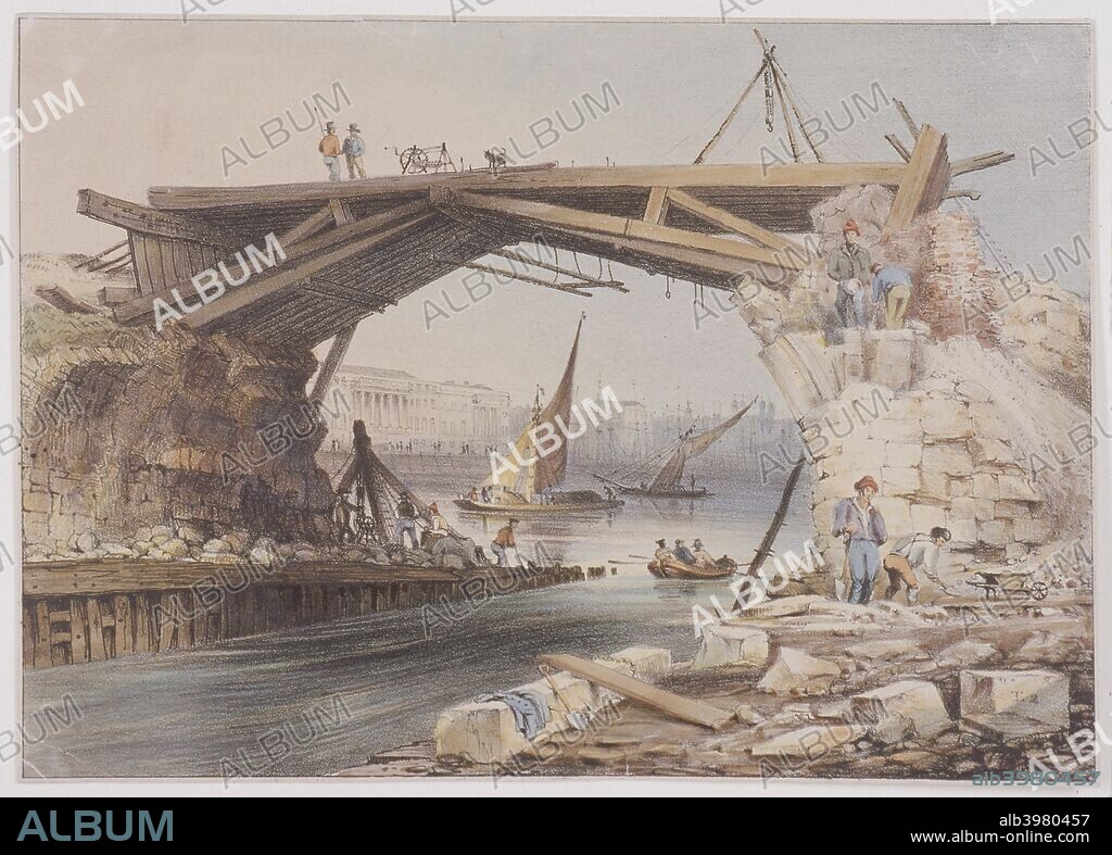 Demolition of temporary bridge over Fifth Lock and Roger's Lock, old London Bridge, looking north east.