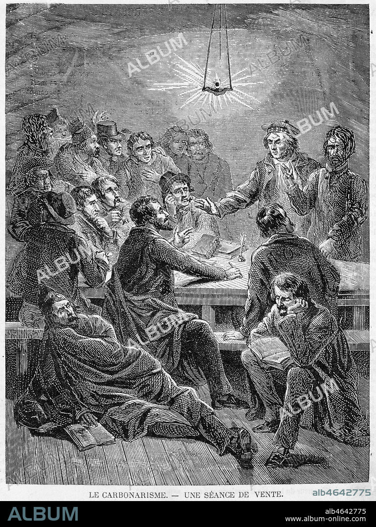 'Carbonarisme, une seance de vente': reunion d'un petit groupe d' affilies de la societe secrete (entre 1807 et 1831) opposee a la domination de Napoleon et a la politique de la Sainte-Alliance. Credit: Collection Grob/KHARBINE-TAPABOR.