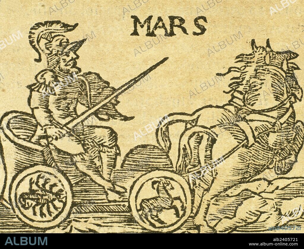 Representación del PLANETA MARTE y los signos del zodiaco que están bajo su influencia. Grabado del siglo XVI. "Repertorio de los tiempos... ", obra de Vicente de Tornamira, editado en Pamplona (Navarra) en 1585.