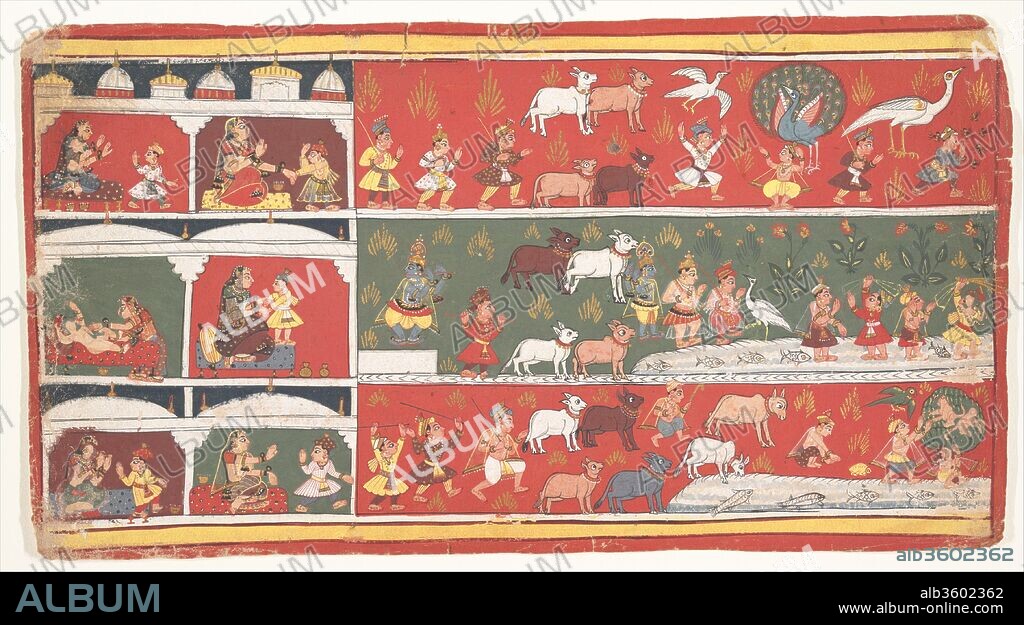 Bakasura, the Crane Demon, Arrives in Brindavan: Page from a Dispersed Bhagavata Purana (Ancient Stories of Lord Vishnu). Culture: India (Madhya Pradesh, Malwa). Dimensions: 7 5/8 x 14 in. (19.4 x 35.6 cm). Date: ca. 1700.
The gopas (cowherds) of Brindavan, peacefully herding their cows by a pond, are suddenly disrupted by Bakasura, one of the demons sent by Kamsa to kill Krishna.