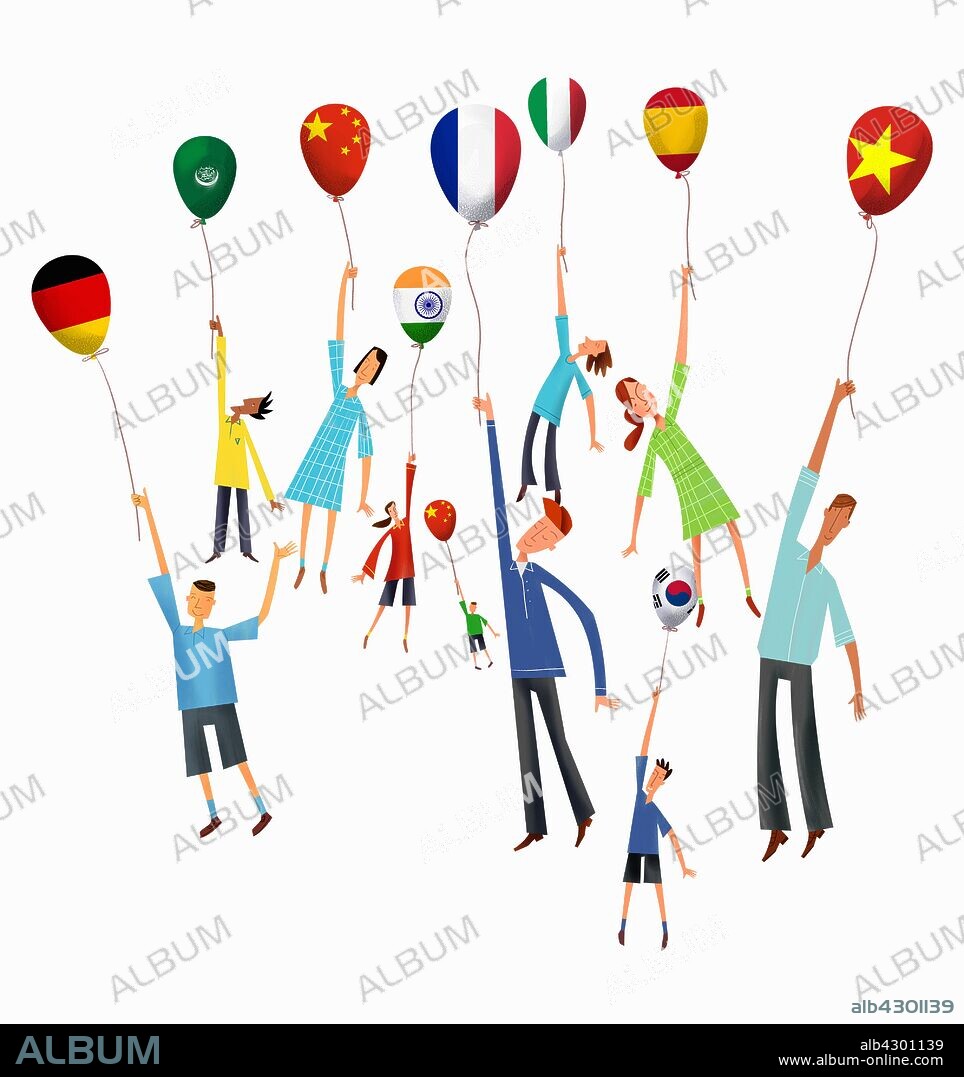 People rising holding international flag balloons.