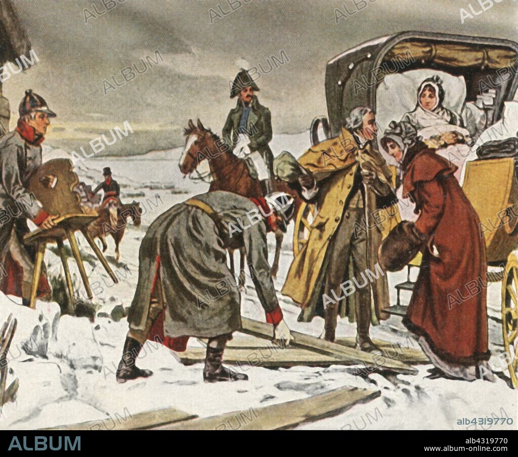 Queen Louise on the flight to Memel, 5 January 1807, (1936). 'Königin Luise Auf Der Flucht Nach Memel, 5 Januar 1807'. During the Napoleonic Wars, Napoleon himself occupied Berlin, causing Louise of Mecklenburg-Strelitz of Prussia and the rest of the royal family to flee in the dead of winter. Louise was ill, and they suffered hardships on the way to Memel in the easternmost part of the kingdom. According to one witness, there was no food or clean water, and the king and queen were forced to share the same sleeping arrangements in 'one of the wretched barns they call houses'. From "Bilder Deutscher Geschichte", (Pictures of German History), No.12, cigarette card album. [Cigaretten-Bilderdienst, Altona-Bahrenfeld, Hamburg, Germany, 1936].