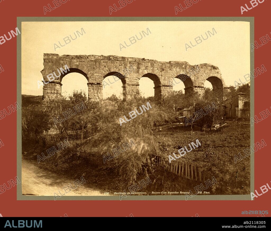surroundings Constantine, Ruins of a Roman Aqueduct, Algiers, Neurdein brothers 1860 1890, the Neurdein photographs of Algeria including Byzantine and Roman ruins in Tébessa and Thamugadi; mosques, shrines, public buildings, palaces, and street scenes in Mostaganem, Biskra, Algiers, Tlemcen, Constantine, Oran, and Sidi Bel Abbès; and the cathedral at Carthage. Portraits of Algerian people include Berbers, Ouled Naïl women, and prisoners in Annaba. Tunisian views include mosques, buildings, and street scenes in Tunis.
