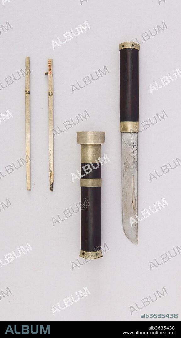 Knife with Sheath and Chopsticks. Culture: Korean. Dimensions: Knife (a); L. with sheath 5 5/8 in. (14.3 cm); L. without sheath 5 1/2 in. (14 cm); W. 9/16 in. (1.4 cm); Wt. 0.7 oz. (19.8 g); sheath (b); Wt. 0.9 oz. (25.5 g); chopsticks (c, d); L. 3 5/8 in. (9.2 cm); W. 1/8 in. (0.3 cm); Wt. 0.2 oz. (5.7 g). Date: 19th century.