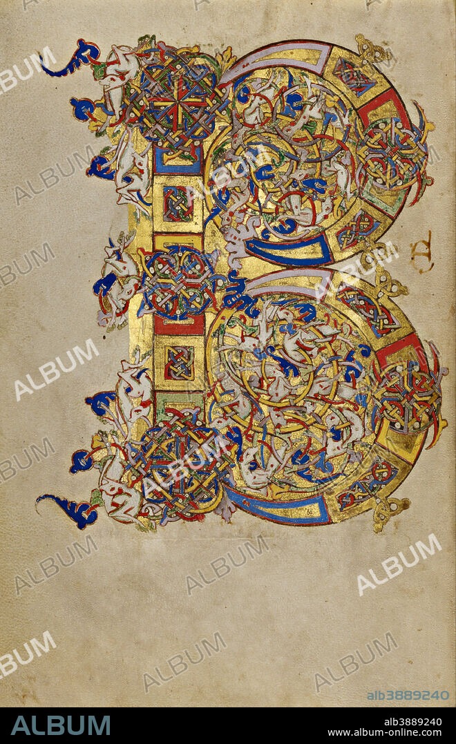 UNKNOWN. Inhabited Initial B. Date/Period: 1153. Folio. Tempera colors, gold leaf, gold paint, and ink on parchment. Height: 192 mm (7.55 in); Width: 132 mm (5.19 in).
