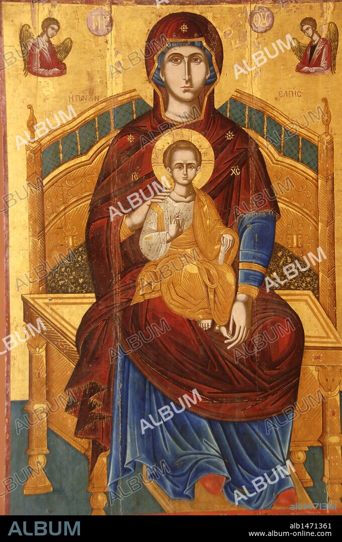 ARTE BIZANTINO. GRECIA. VIRGEN ENTRONADA procedente de la iglesia de San Juan tou Trafu. Primera mitad del siglo XVII. Museo Bizantino. Zante. Islas Jónicas.