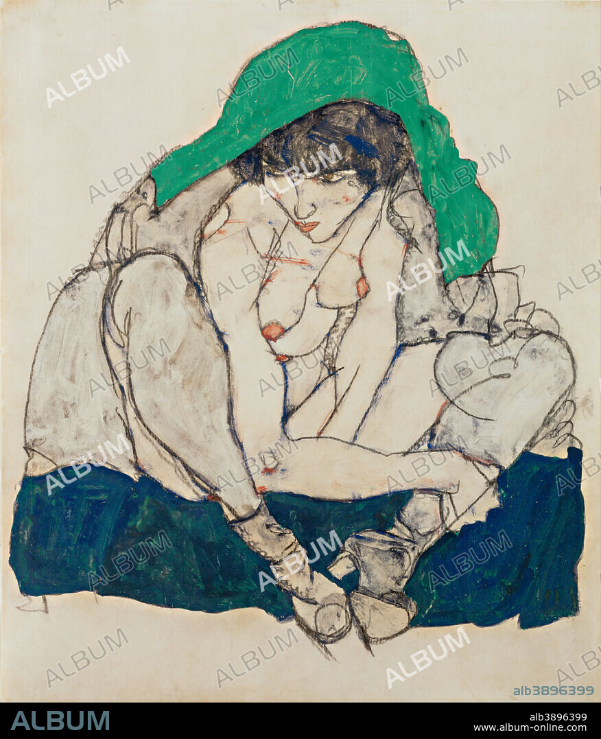 EGON SCHIELE. Kauernde mit grünem Kopftuch Crouching Woman with Green Headscarf. Date/Period: 1914. Drawing. Height: 470 mm (18.50 in); Width: 310 mm (12.20 in).