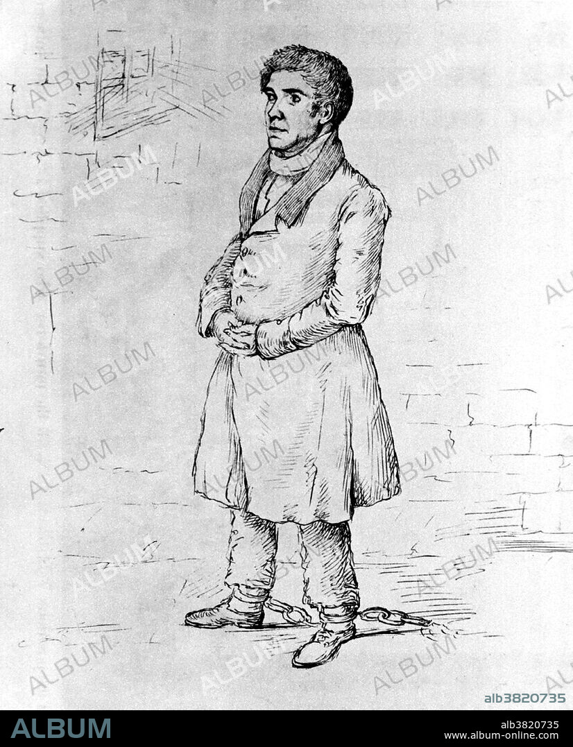 Burke in a prison cell wearing leg irons. William Burke (1792-1829) was born in Ireland and emigrated to Scotland about 1817 leaving behind a wife and two children. The Burke and Hare murders (West Port murders) were serial murders perpetrated in Edinburgh, Scotland, from November 1827 to October 1828 by William Burke and William Hare, who sold the corpses of their victims (17) to provide material for dissection. Hare was offered immunity from prosecution if he confessed and agreed to testify against Burke. Hare's testimony led to Burke's death sentence in December 1828. He was hanged on January 28,1829 and publicly dissected at the Edinburgh Medical College.
