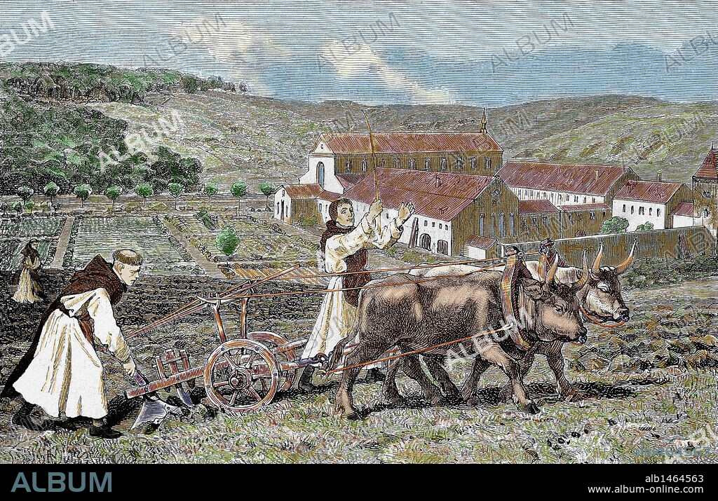 MONJES realizando trabajos agrícolas en las tierras junto a su monasterio. ARADO CON BUEYES. Alemania, año 1872. Grabado coloreado.