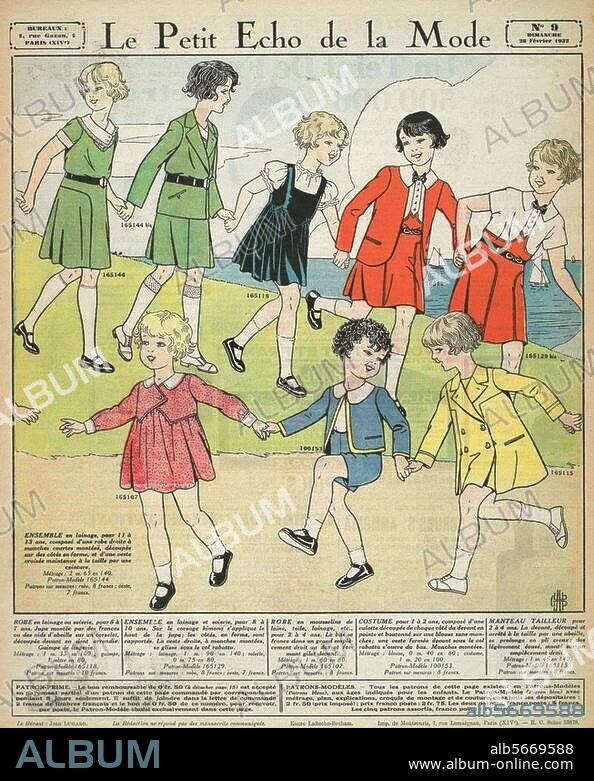 Mode:. Kindermode, Frankreich 1932. "Robe en lainage / Ensemble en lainage / Robe en mousseline (...) ". Farbdruck. Aus: Le Petit Echo de la Mode, Le grand hebdomadaire feminin, 54. Jg., Paris, 28. Februar 1932. Berlin, Sammlung Archiv für Kunst und Geschichte.