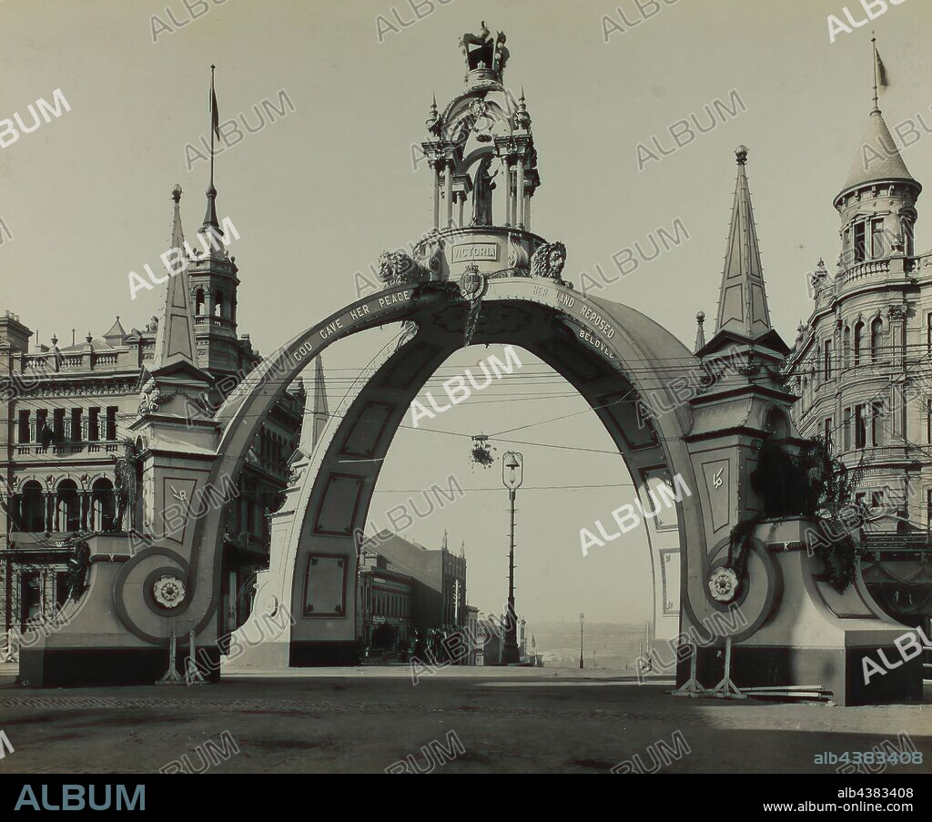 Photograph - 'The Queen Victoria Arch', Melbourne, May 1901, One of a set of 47 original photographs of the Australian Federation celebrations in Melbourne 1901 to mark the opening of the first Federal Parliament of Australia. The photographs trace the Royal Visit of the Duke and Duchess of Cornwall and York for the occasion, from their arrival in Melbourne on the Royal Yacht 'Ophir' at St Kilda Pier on 6 May 1901 to their departure for Brisbane at Port.