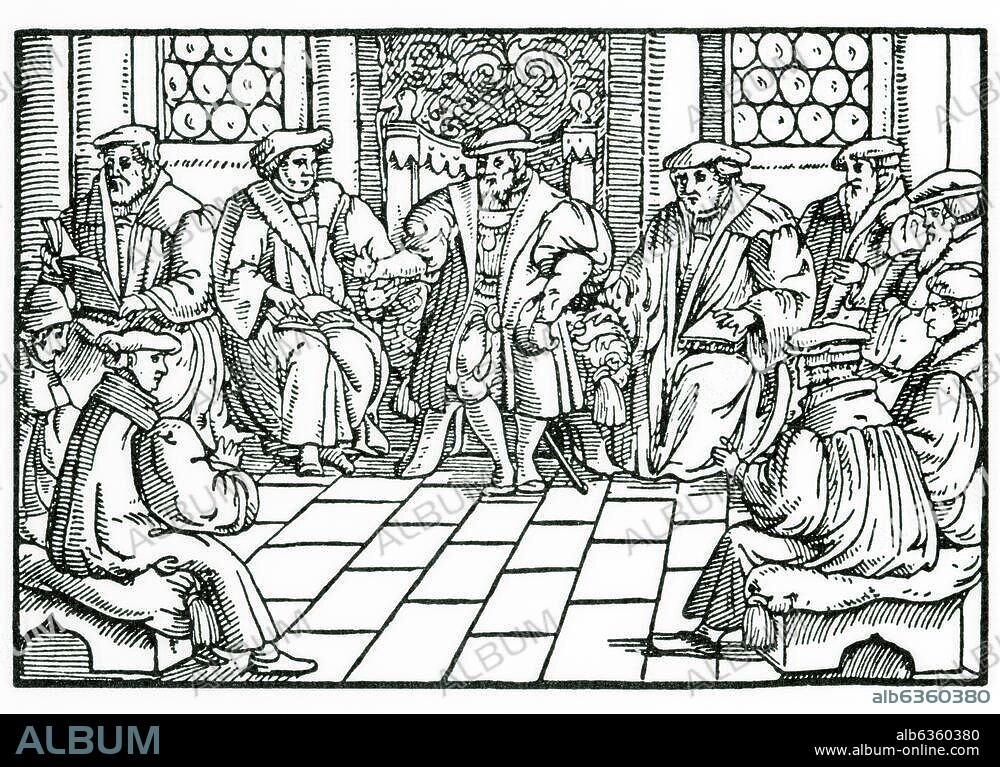 Luther, Martin. 1483-1546. Die Leipziger Disputation 1519: Luther und Johann Eck. Holzschnitt aus: Ludwig Rabus, Historien der heiligen auserwählten Gotteszeugen, Straßburg 1557.