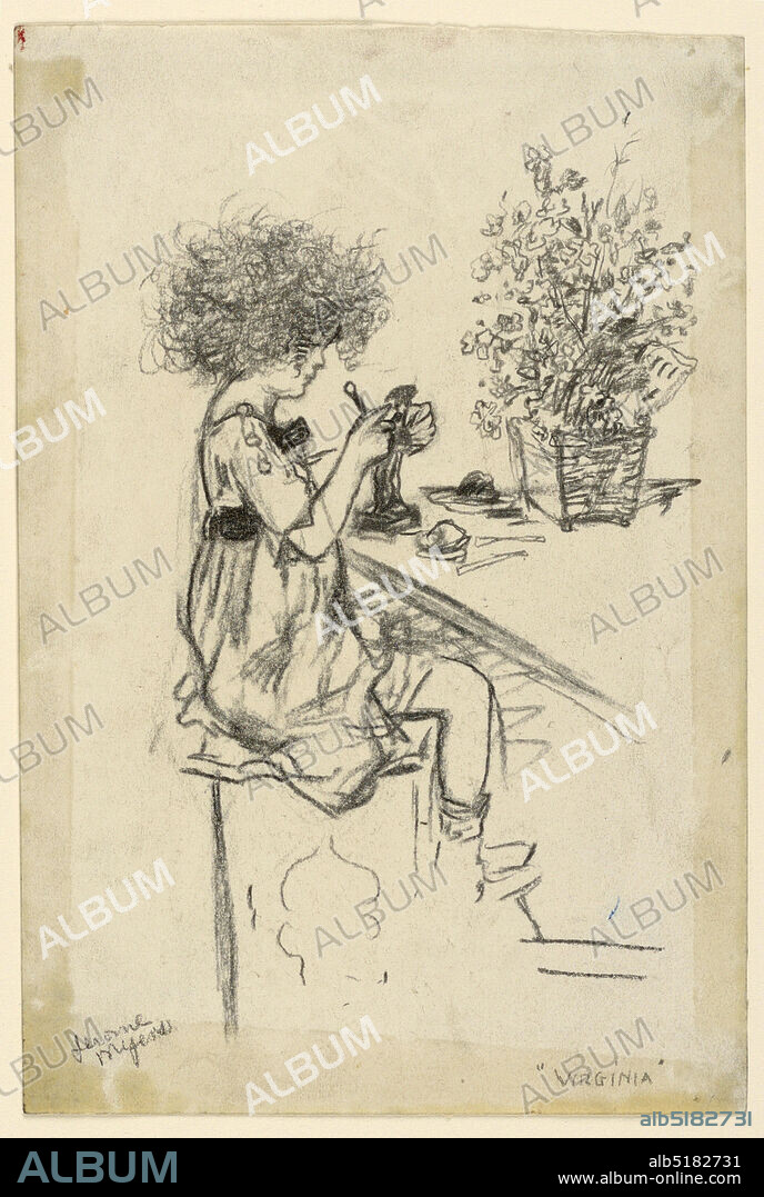 Virginia Modeling, Study for Etching, Jerome Myers, American, 18671940, Black crayon on paper, A young girl sitting before a table, with a tool in her hand, modeling a figure in clay. She faces right, in profile. A potted plant or flower arrangement is on the table, right., USA, ca. 1912, portraits, Drawing, Drawing.