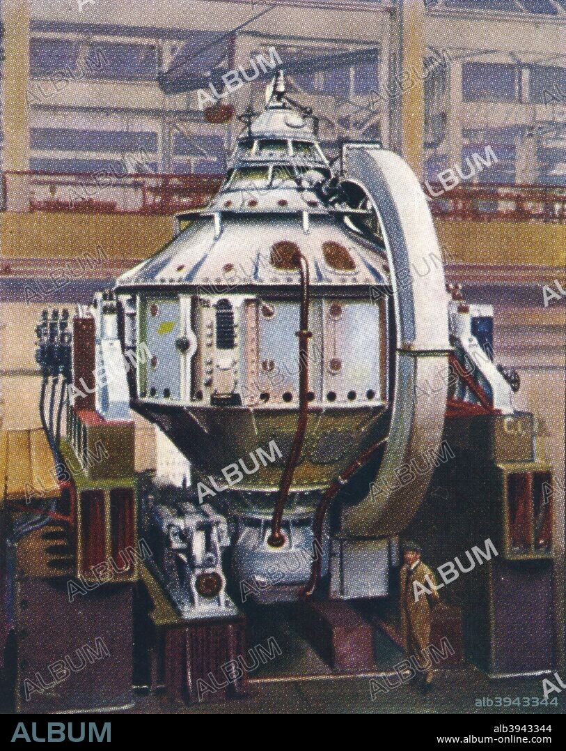 The Gyro-Stabiliser, 1938. One of three gyroscopic stabilisers built by the Sperry Gyroscope Company for the Italian liner Conte di Savoia in order to improve passenger comfort and prevent seasickness in rough seas. Churchman's cigarette card, from a series titled Modern Wonders [WA & AC Churchman, Great Britain & Ireland, 1938].
