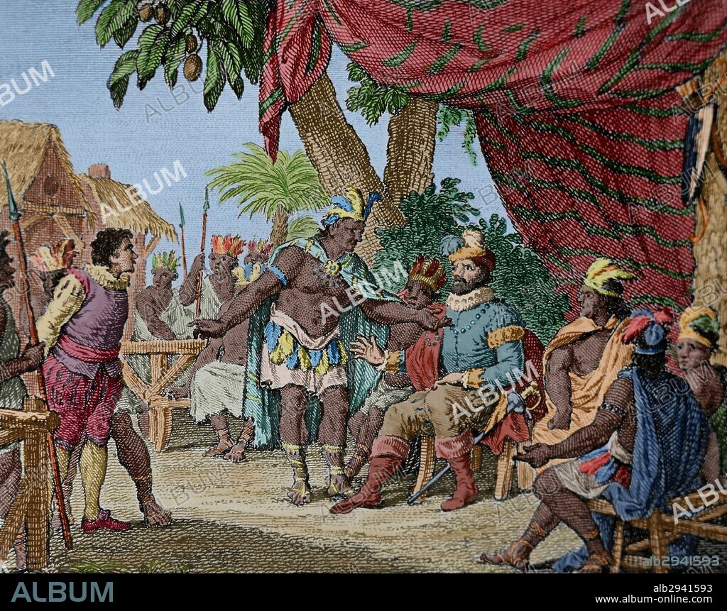 HISTORIA DE AMERICA DEL NORTE. SIGLO XVII. CANADA (NUEVA FRANCIA). Congreso de paz entre varias naciones indias del Canadá, presidido por un gobernador francés y un representante de los Iroqueses, relativo a una confederación de seis tribus de indios americanos que habitan en el norte de Nueva York y el Canadá. Durante el congreso los indios devolvieron a un prisionero francés. Grabado del año 1807. Coloreado.