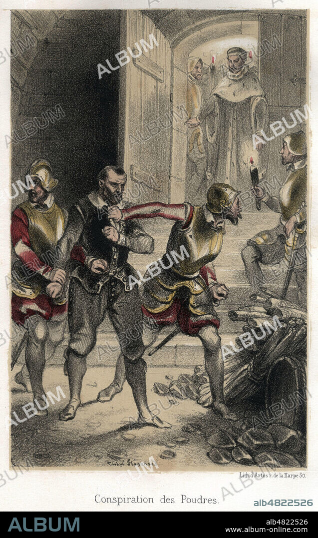 Conspiration des Poudres (Attentat contre le roi d'Angleterre JACQUES 1er dejoué en 1605). Illustration de 1846 par Theophile FRAGONARD (1806-1876) pour Histoire des Jesuites par Adolphe BOUCHER (19 s.). Credit : Collection Jonas/Kharbine-Tapabor.