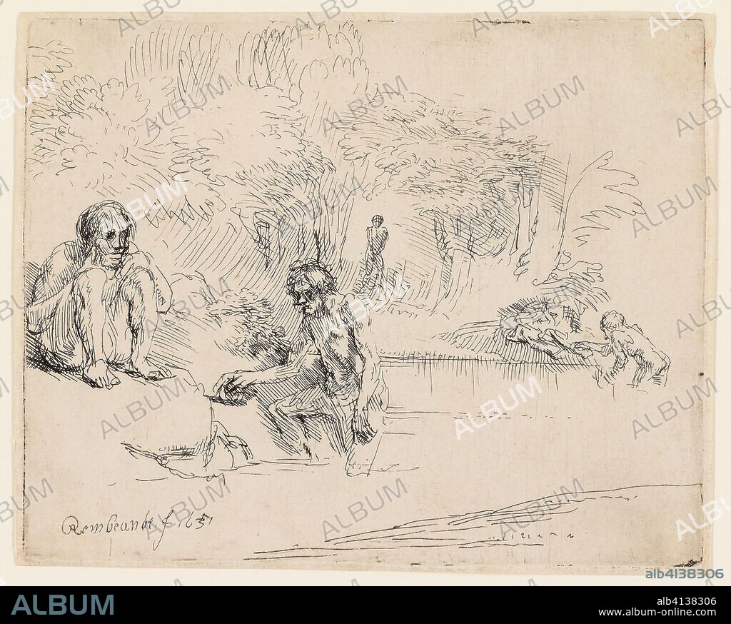 REMBRANDT HARMENSZOON VAN RIJN. The Bathers. Rembrandt van Rijn; Dutch, 1606-1669. Date: 1651. Dimensions: 108 x 136 mm (image/plate); 112 x 140 mm (sheet). Etching and drypoint on buff laid paper. Origin: Holland.