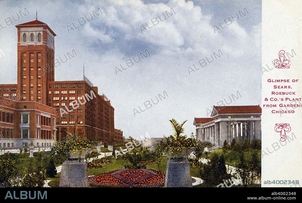 Sears, Roebuck & Co plant, Chicago, Illinois, USA, 1915. Postcard showing the Sears & Roebuck Company plant as seen from a landscaped garden. A Greek style collonaded structure is on the right. The factory opened in 1906, producing the company's mail order catalogues.