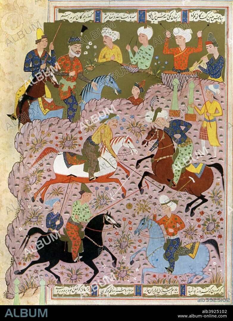 Polo in Persia in the 10th century (1938). The white horse has been dyed with red henna. Found in the collection of the British Museum. A print from Thoroughbred Racing Stock, by Lady Wentworth, George Allen & Unwin Ltd, London, 1938.