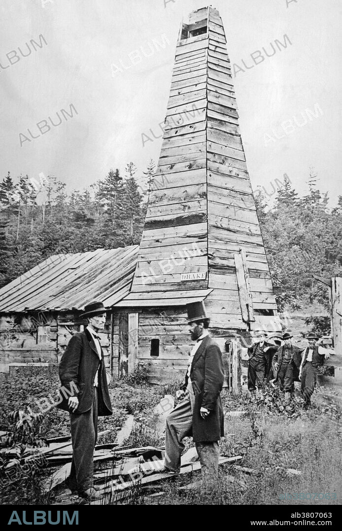 Drake (right) in front of the well. Drilled by Edwin Drake in 1859, along the banks of Oil Creek, it is the first commercial oil well in the United States. Drake Well was listed on National Register of Historic Places and designated a National Historic Landmark in 1966. It was designated a Historic Mechanical Engineering Landmark in 1979. The well was designated a National Historic Chemical Landmark in 2009, on the sesquicentennial of the strike. Before the Drake well, oil-producing wells in the United States were wells that were drilled for salt brine, and produced oil and gas only as accidental byproducts. Historians have noted that the importance of the Drake well was not in being the first well to produce oil, but in attracting the first great wave of investment in oil drilling, refining, and marketing.