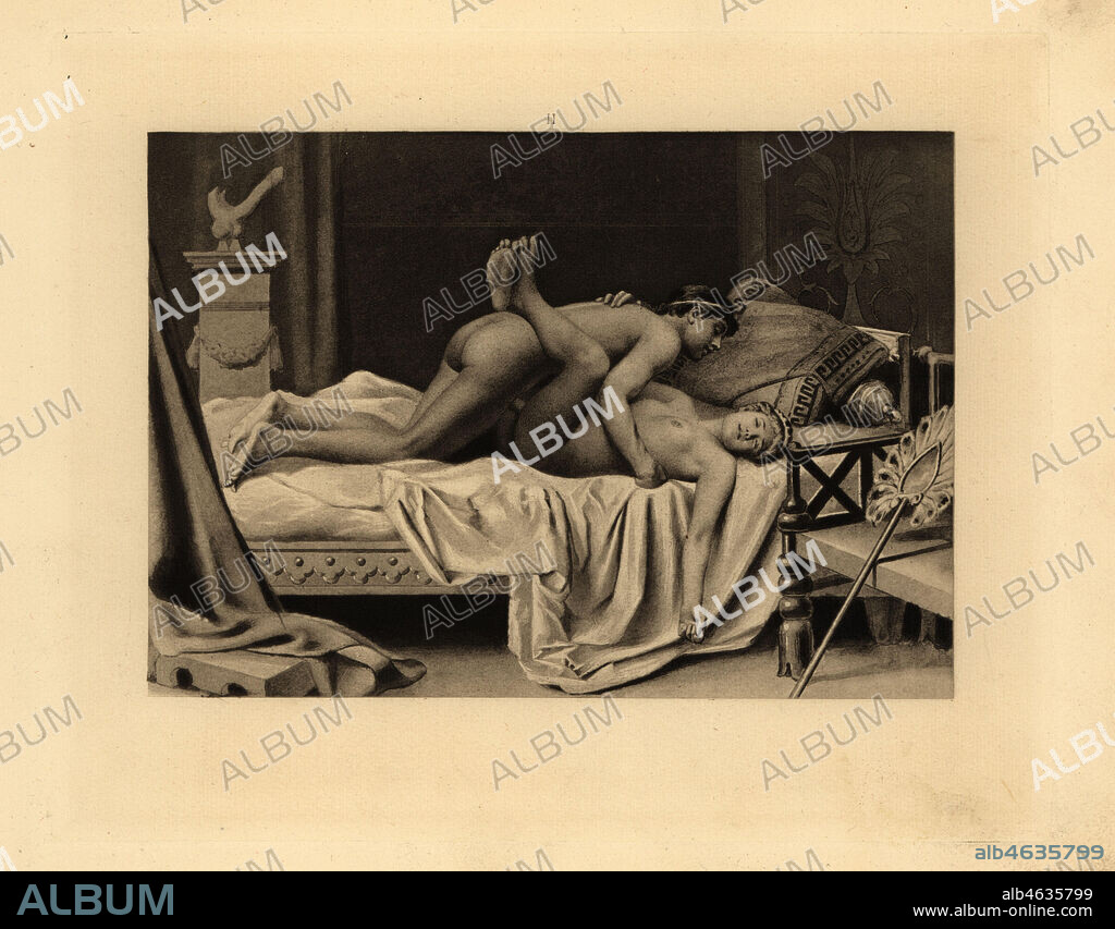 Roman man and woman in the missionary position in a bedroom. She lies on her back on a luxurious bed, and he on top wearing a headband. The room is decorated with fan, winged phallus or Priapus, bed, cushions and sofa. Aquatint by Theophile Fillon after an illustration by Paul Avril from Friedrich Karl Forbergs Manual of Classical Erotology, Manuel derotologie classique, De Figuris veneris, Charles Hirsch, 1906. Translated by Alcide Bonneau, not Isidore Liseaux.