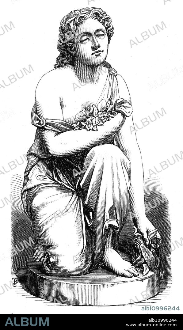 Nydia, the Blind Flower-Girl of Pompeii, gathering flowers in the garden of Glaucus, by C. F. Fuller, in the Royal Academy exhibition, 1868. Sculpture inspired by Lord Lytton's "Last Days of Pompeii". 'That portion of the narrative...seems in particular to offer a subject very susceptible of artistic treatment, and it has accordingly found a worthy illustrator in Mr. Fuller, of Florence, one of the most distinguished of our younger race of sculptors. Regarded from a technical point of view, this marble statue appears to us to indicate a marked advance in power on the part of the sculptor; the execution generally is as skilful and finished as in former works, but the carving of the flesh more happily expresses the soft rounding of the female forms in youth and health by those cushiony adipose tissues which at once nourish and beautify. The groping, apprehensive, keenly-listening habit so sadly characteristic of blindness, is also well expressed in the elevated chin, as she stoops feeling for the flowers; ah! how sweet-scented for her. There is much artistic feeling, too, although there may be less of strict physiological truth in the treatment of the eyes. Instead of the vacant stare of the born blind, they peer, as if she fain would see'. From "Illustrated London News", 1868.