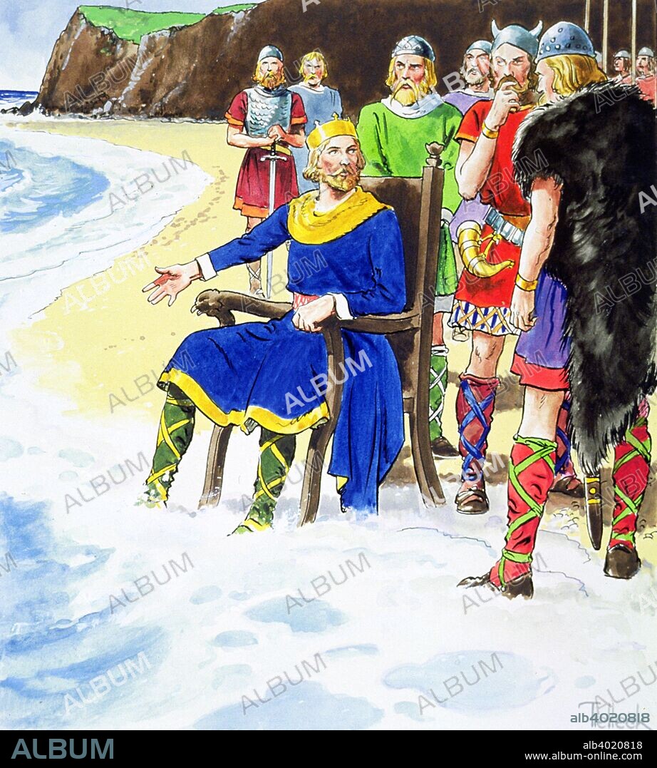 King Canute failing to hold back the waves, early 11th century (c1900). Canute (Sveinsson Knut) (d1035) was King of England from 1016, Denmark from 1018 and Norway from 1030. He is shown on the famous occasion when he demonstrated to flattering courtiers that God alone can command the tides. From Peeps into the Past, published c1900.