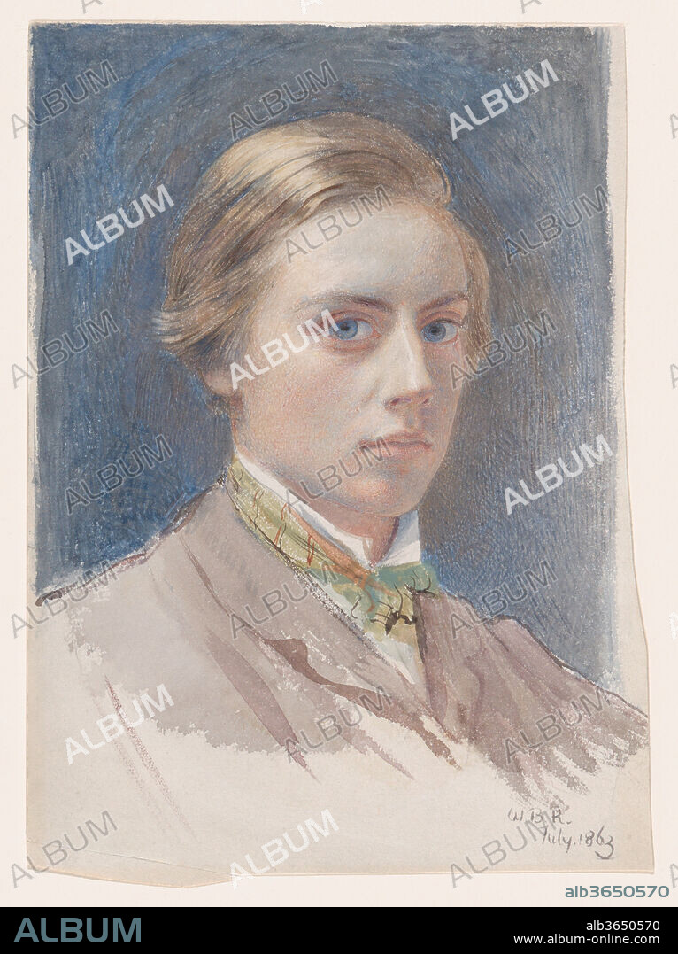 Self-portrait, aged 21. Artist: Sir William Blake Richmond (British, London 1842-1921 London). Dimensions: Sheet: 9 × 6 in. (22.9 × 15.2 cm). Date: 1863.
The subject of this intense image was named for William Blake, a poet-painter revered by his artist-father George Richmond. With Samuel Palmer as a godfather, and drawing lessons from John Ruskin before he entered the Royal Academy Schools in 1858, the youth's career path must have seemed preordained. He based the self-portrait in part on a miniature that his father had painted at twenty-one to present to his bride (National Portrait Gallery, London). The works share similar poses, serious expressions and soulful eyes, but William's blondness contrasts with his father's darker hair and eyes. Delicate stippled brushwork in the flesh points to miniaturist technique, a genre practiced by the subject's father and grandfather. The bright background, necktie, and use of blue shadows demonstrate an up-to-date admiration for the Pre-Raphaelites.