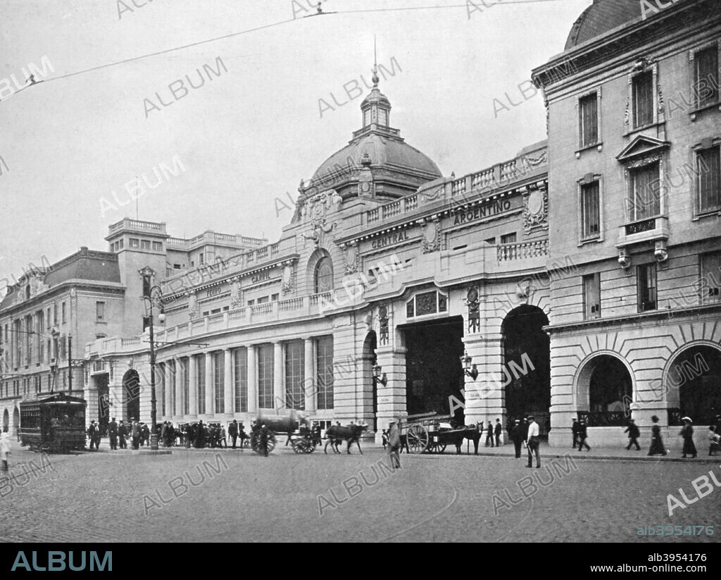 Retiro Railway Station, Buenos Aires, Argentina. Located opposite the Plaza San Martin, Retiro Railway Station opened in 1915. A print from Buenos Aires, published by Mitchell's Book Store, Cangallo.