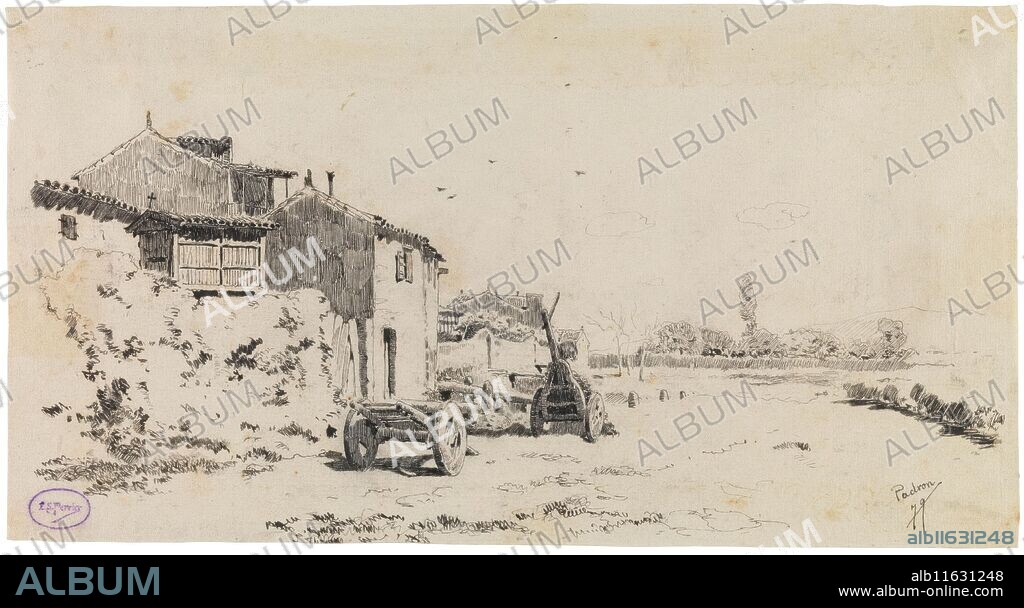 EMILIO SÁNCHEZ PERRIER. Emilio Sánchez Perrier (Drafstman) / 'Farmhouse with a Granary and Two Carts in Padrón, La Coruña'. 1879. Wash, Pencil, Black ink, Grey ink on wove paper.