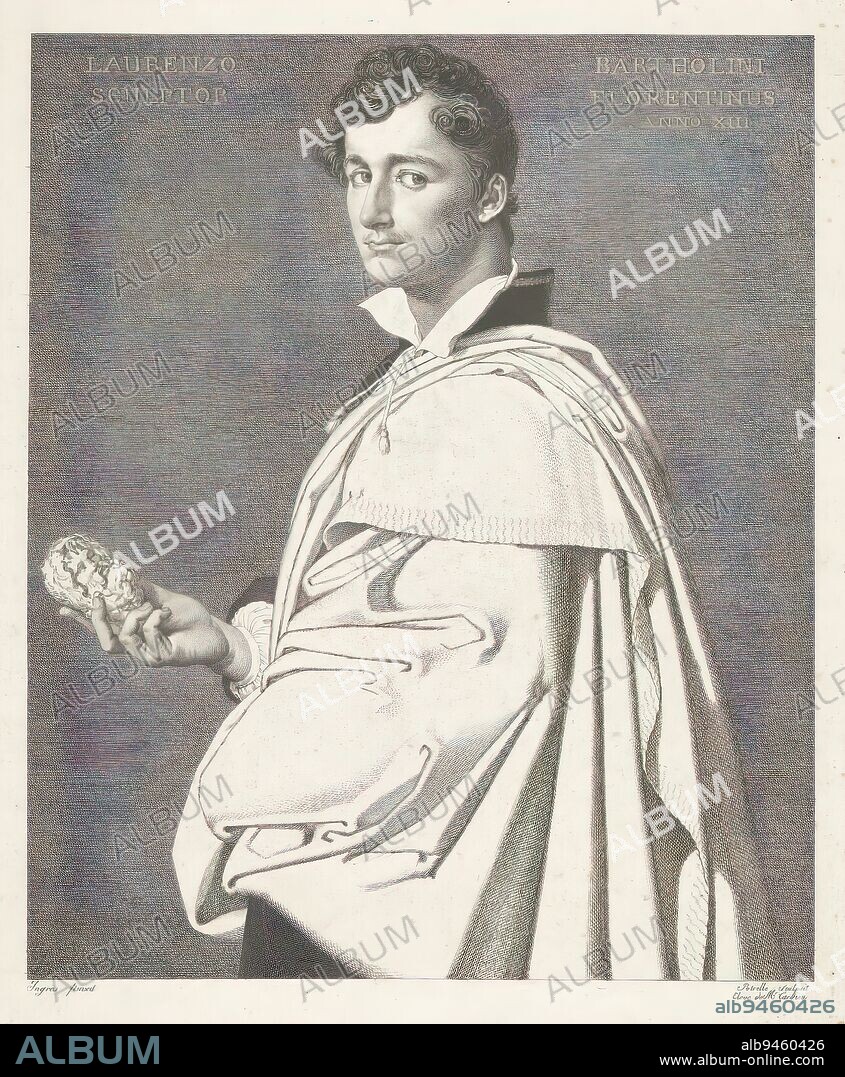 Portrait of the sculptor Lorenzo Bartolini, Lorenzo Bartolini is depicted in the half-figure and standing facing left, holding a small sculpture. The drapery hanging over his shoulder appears white., print maker: Jean Louis Potrelle, (mentioned on object), after painting by: Jean Auguste Dominique Ingres, (mentioned on object), France, in or after 1805, paper, engraving, height 324 mm × width 252 mm.