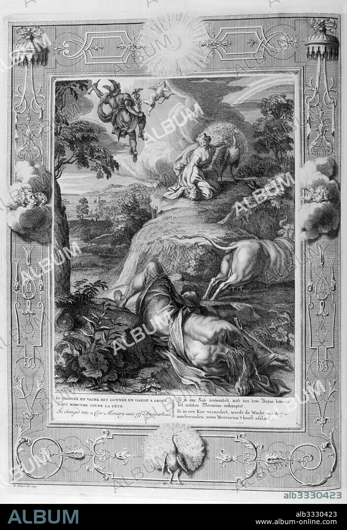 Lo (in Greek mythology), the daughter of Inachus, and lover of Zeus, was turned into a cow. Engraved illustration from 'The Temple of the Muses', 1733. This book represented remarkable events of antiquity drawn and engraved by Bernard Picart (1673-1733).