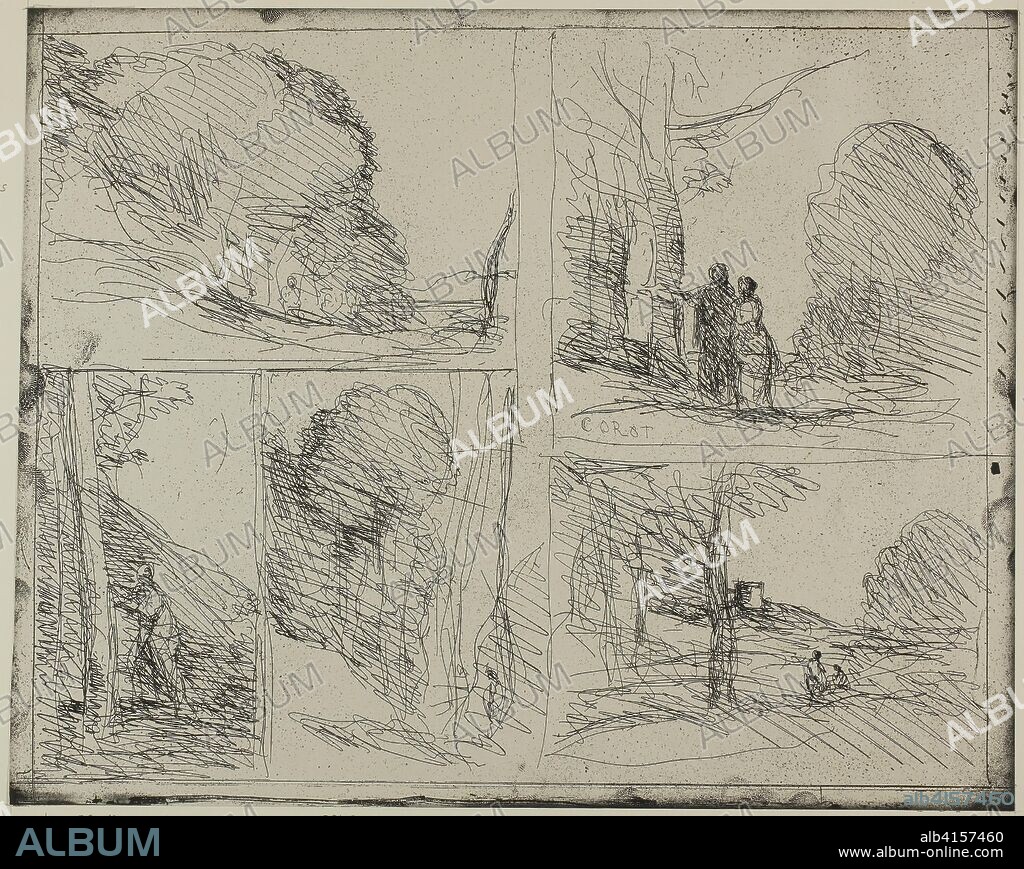 JEAN BAPTISTE CAMILLE COROT. The Garden of Pericles. Jean-Baptiste-Camille Corot; French, 1796-1875. Date: 1856. Dimensions: 152 × 156 mm (image); 287 × 360 mm (sheet). Cliché-verre on ivory photographic paper. Origin: France.