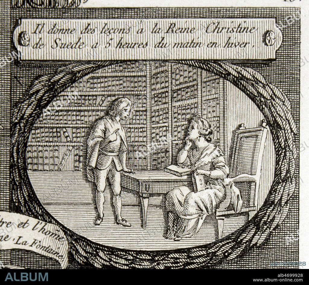 'Il donne des lecons a la reine Christine de Suede a 5 heures du matin en hiver'. Gravure tiree de l'ouvrage de PONCE 'Les illustres francais' publie en 1816. Credit : Collection JEAN VIGNE / KHARBINE-TAPABOR.