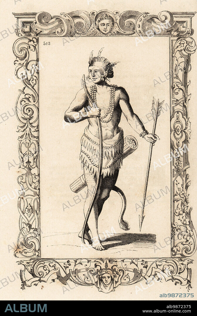 Native American prince of North Carolina in war dress or ceremonial costume. He wears a feather headdress over shaved head, necklaces, painted deer-skin apron-skirt edged with shells, large cat tail, and carries a bow, arrow and quiver. A weroan or great Lorde of Virginia. Princes de lile Virginie. Within a decorative frame engraved by H. Catenacci and Fellmann. After an engraving by Theodor de Bry from a painting by John White. Woodblock engraving by Gerard Seguin and E.F. Huyot after Christoph Krieger from Cesare Vecellios Costumes anciens et modernes, Habits antichi et moderni di tutto il mondo, Firman Didot Ferris Fils, Paris, 1859-1860.