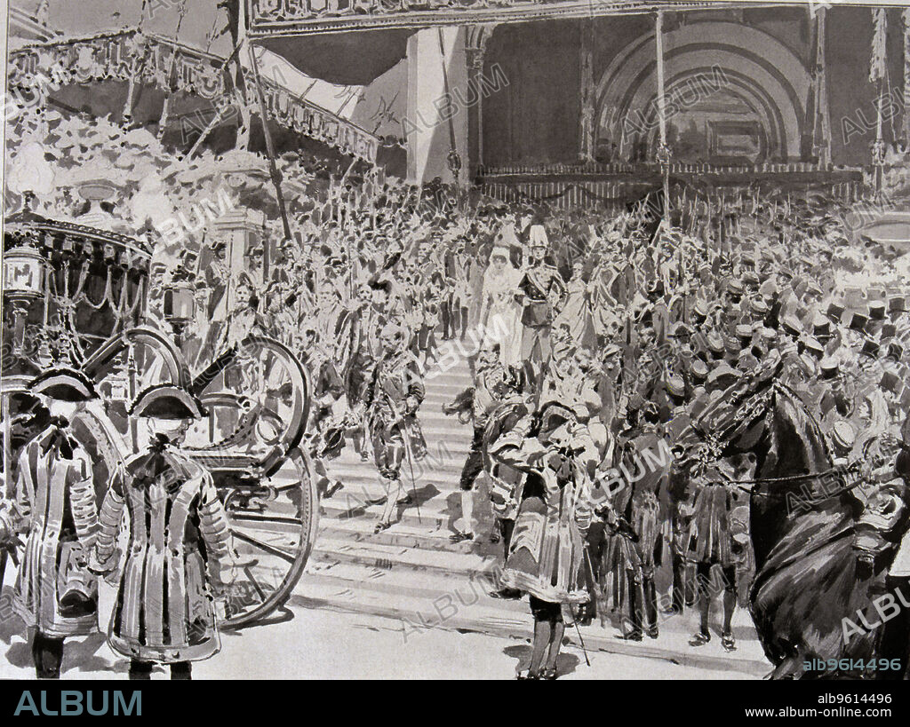 Wedding of Alfonso XIII, King of Spain. (1886-1941) with Victoria Eugenia of Battenberg in the Church of San Jeronimo de Madrid, 1906, engraving of  L'Illustration.